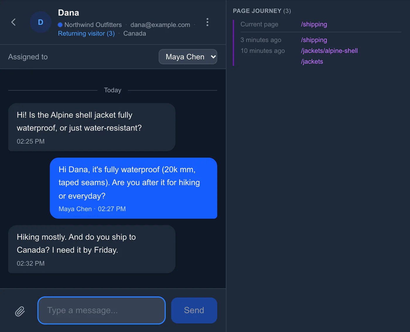 A chat with Dana, a visitor on Northwind Outfitters, answered by Maya Chen, beside her page journey: the jackets page she came from, the Alpine shell jacket where she asked, then shipping