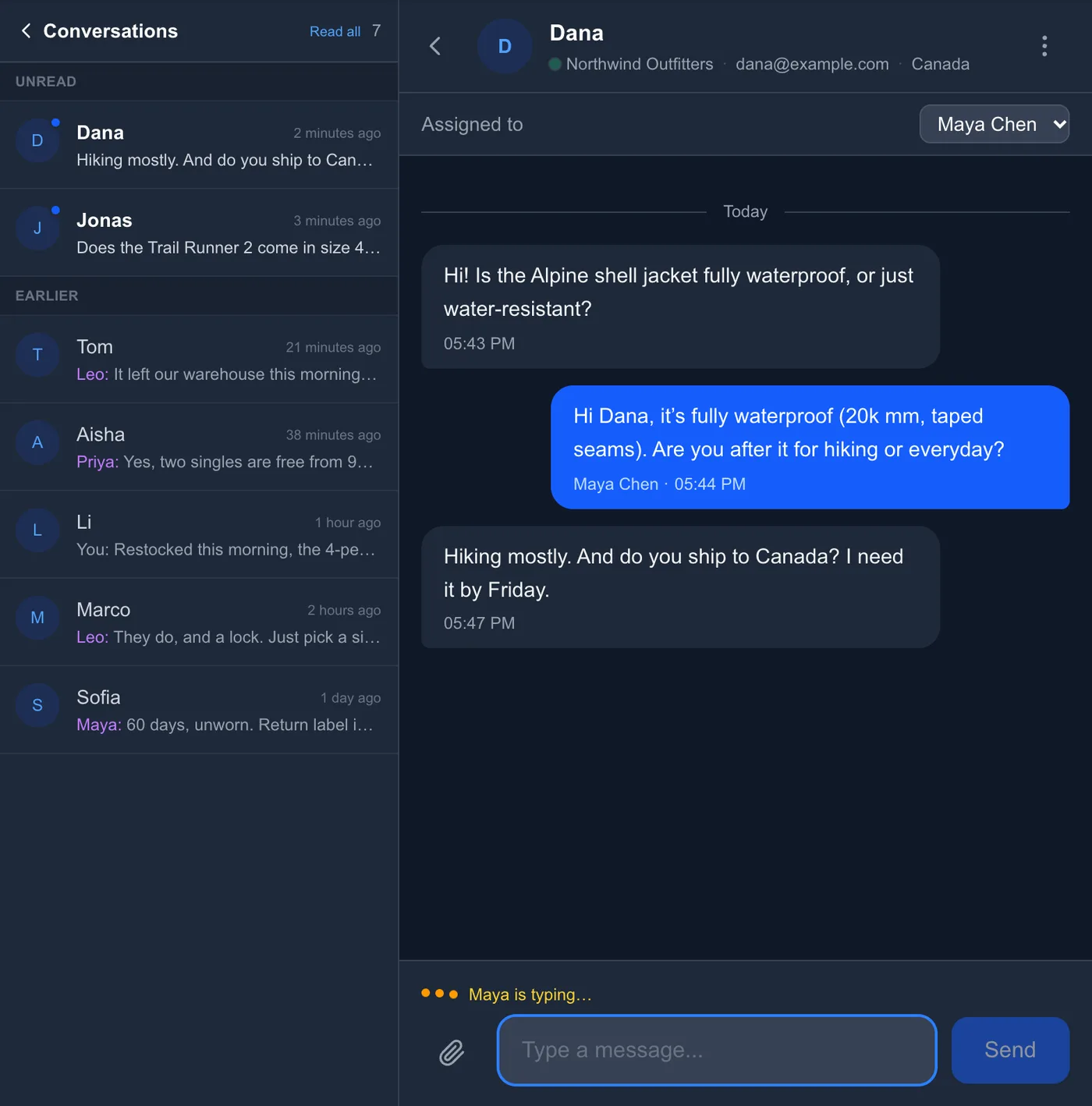 The GhostChat inbox: a chat assigned to Maya Chen, with “Maya is typing” showing above the reply box