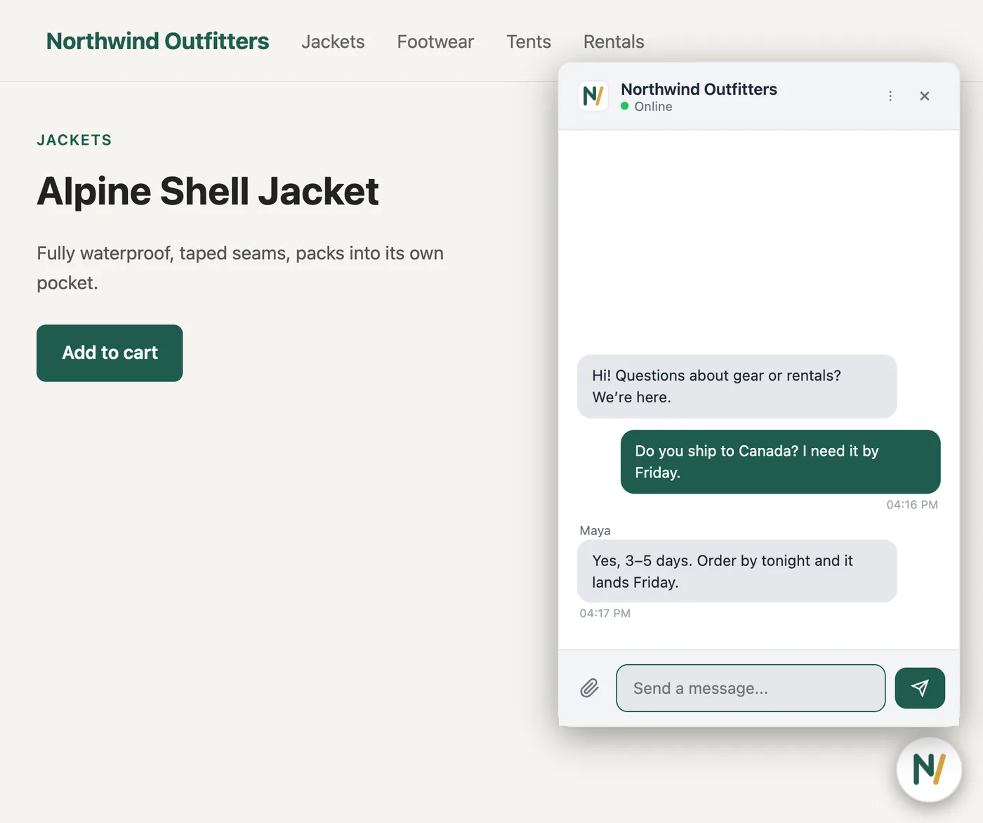 The chat widget on a shop page, showing the shop's own logo in the header and on the chat button, with no GhostChat badge